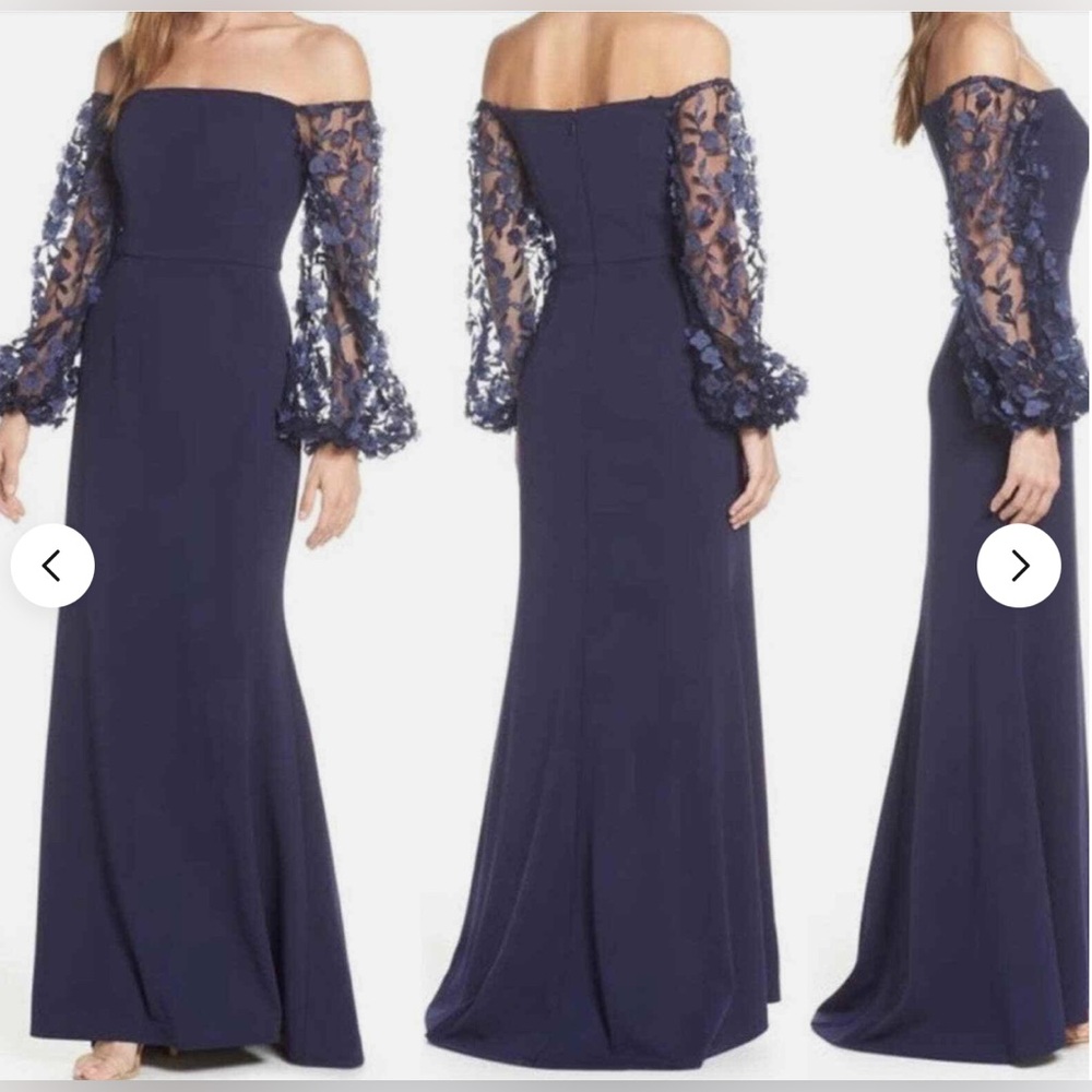 Eliza J Off Shoulder Navy Dress with 3D Floral Sleeves Gown MOB MOG - Picture 6 of 10